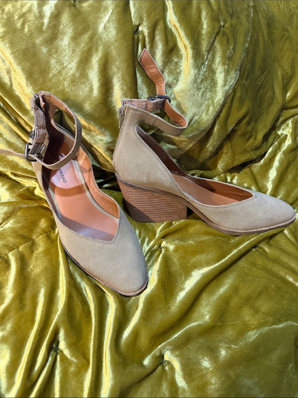 Lucky Brand Tan Suede Ankle-Strap Block Heel Pumps